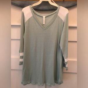 Vanilla Bay V-Neck Lightweight Sage Green Tunic with White Accents 3/4 sleeves
